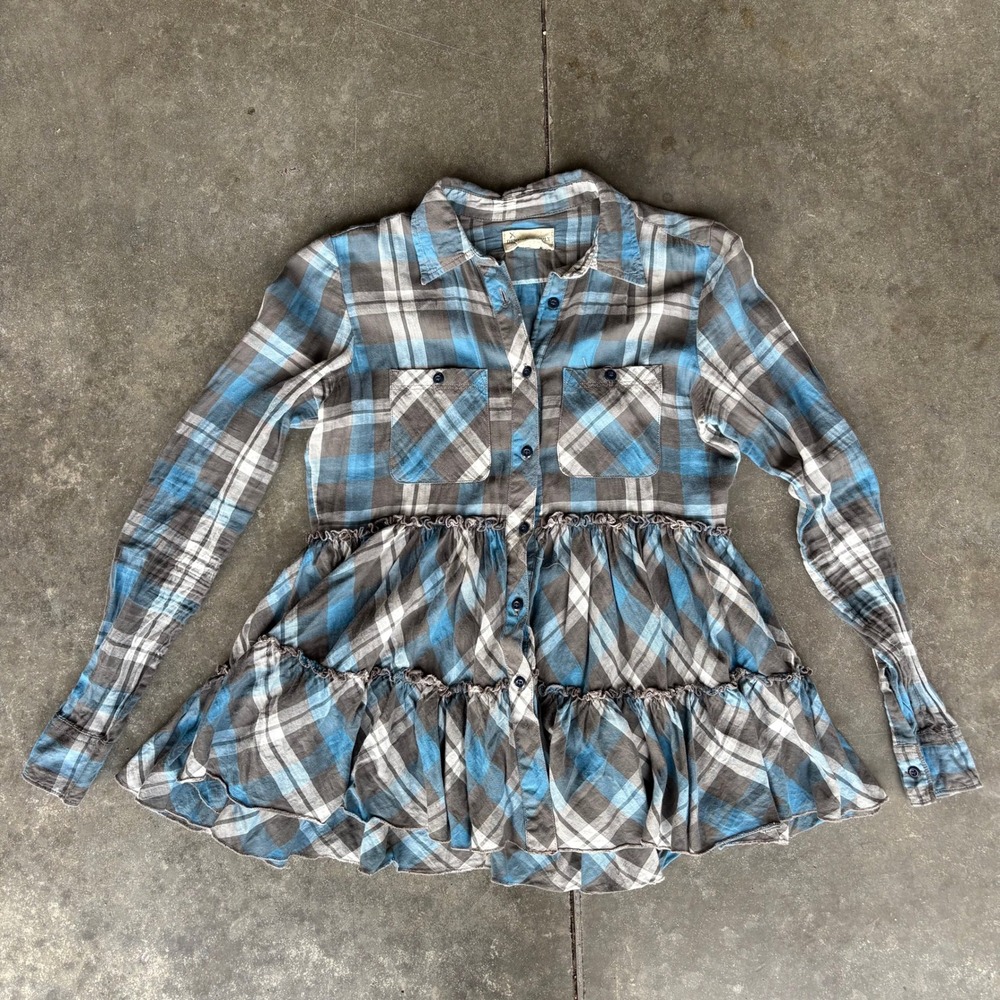 Ralph Lauren Denim & Supply Plaid Babydoll Tunic Top Tiered Ruffle Hem Button Up
